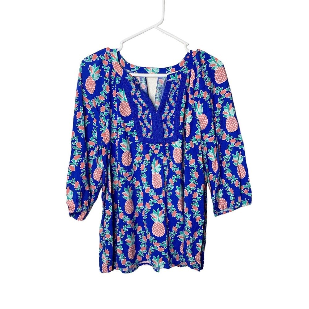 Crown Ivy Jersey Knit Blouse Bell Sleeve V-Neck Blue Green Pineapple Sz M